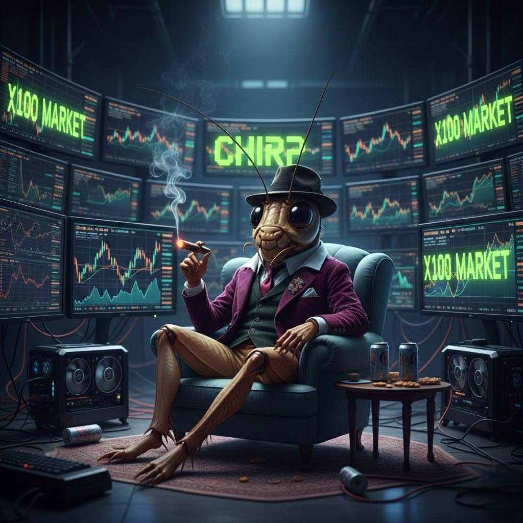 Chirp the CEO, a dapper cricket smoking a cigar next to a giant coin.